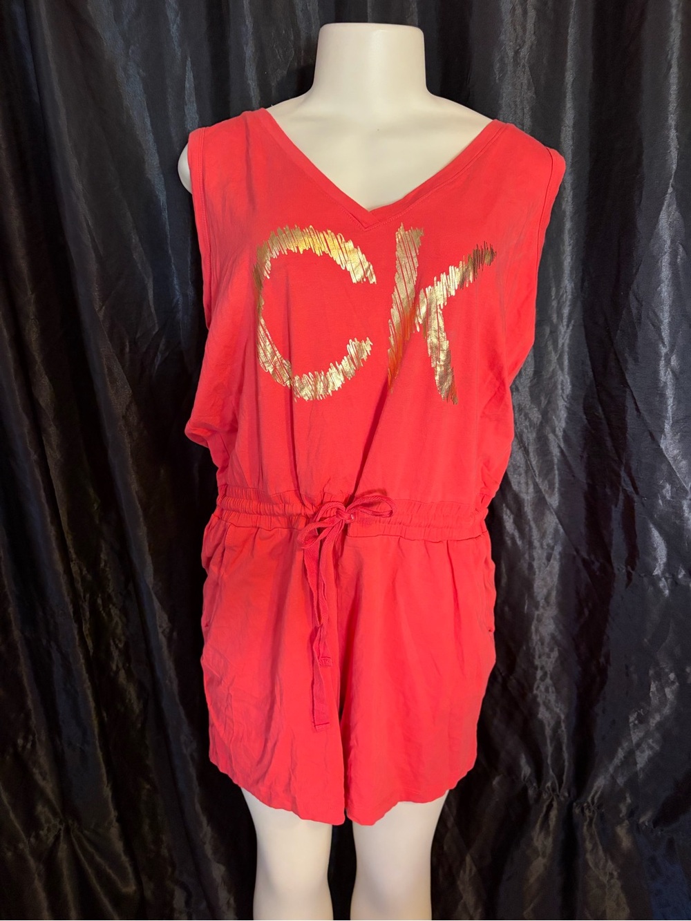 Calvin Klein Coral Tank Romper with Gold CK Graphic